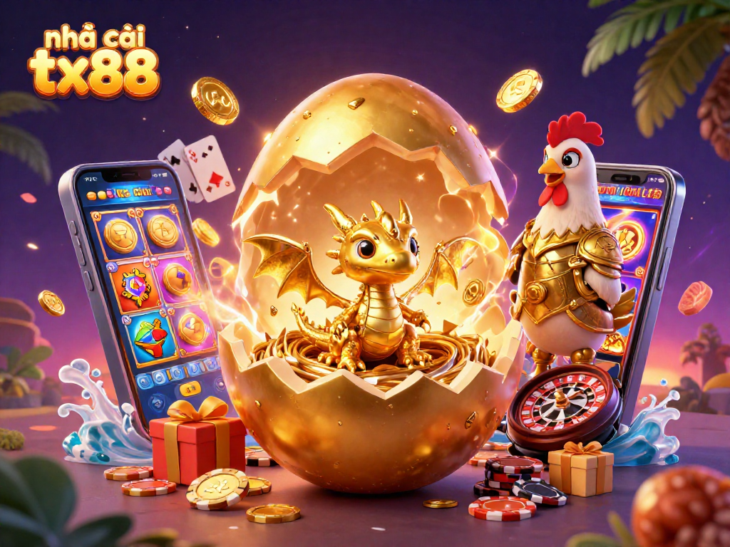 Engage with nhà cái tx88 through a vibrant 3D casino illustration featuring a golden dragon and dynamic gaming elements.