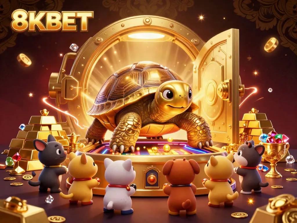 Experience the thrilling gaming atmosphere at 8KBET with a cartoon tortoise shaped like a pinball machine.