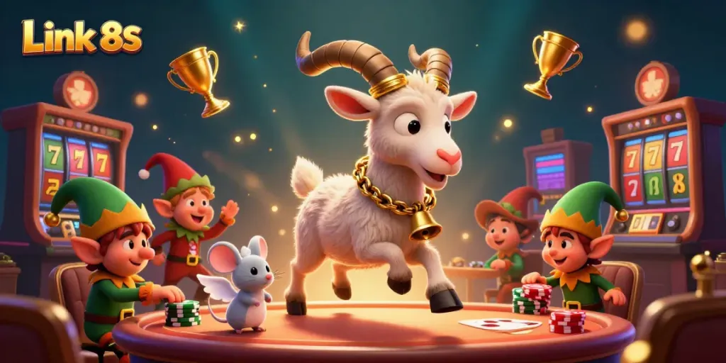 Engage with the thrilling casino scene of Link 8S featuring Krampus and festive characters.