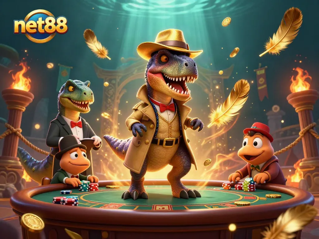 Bet big and win with net88: A cartoon velociraptor card counter sneaks chips at blackjack.