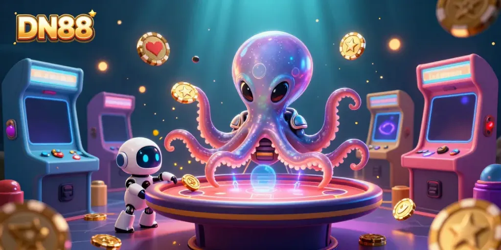 Reveal your winning strategies with DN88 in this vibrant alien-themed online casino illustration.