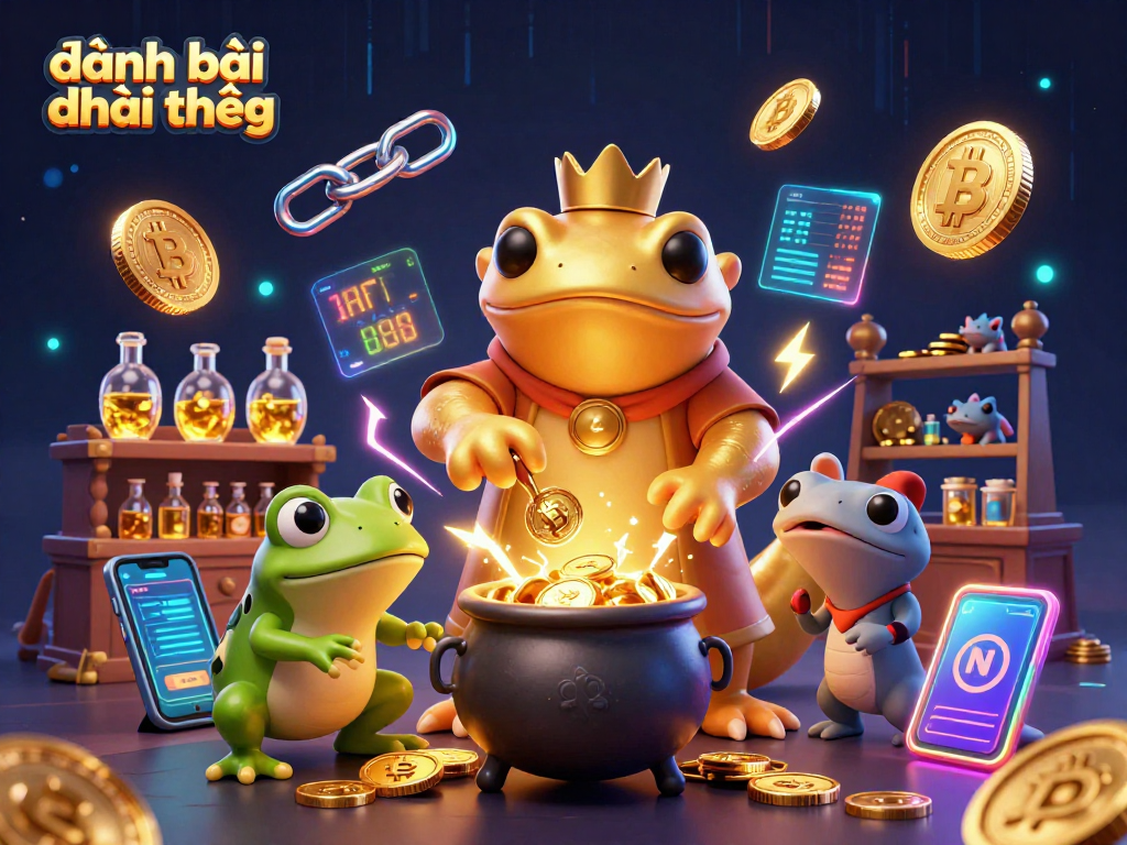 Engage in đánh bài đổi thưởng with a dazzling 3D illustration of magical alchemy and crypto elements.