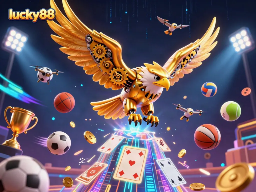 Bet on lucky88 with a dynamic scene featuring a golden eagle and sports elements in a casino-themed illustration.