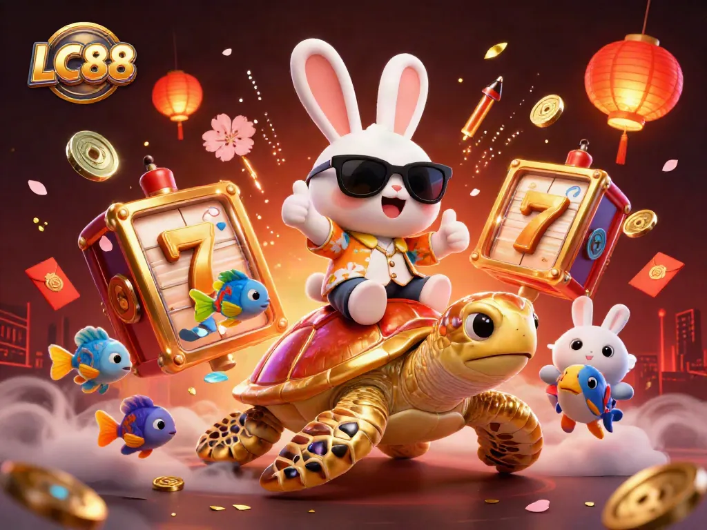 Spin the reels and celebrate jackpots with LC88's lucky cartoon characters in a vibrant casino scene.