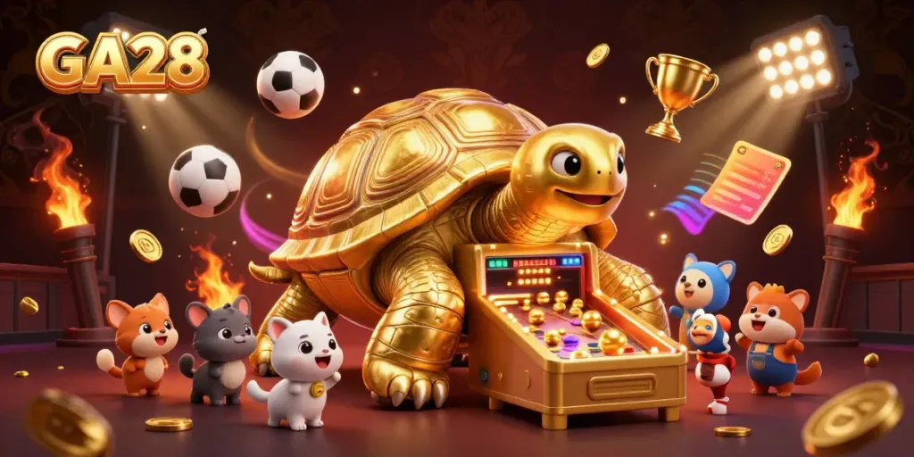 Engage in thrilling gameplay at GA28 with a golden pinball tortoise surrounded by festive sports elements.