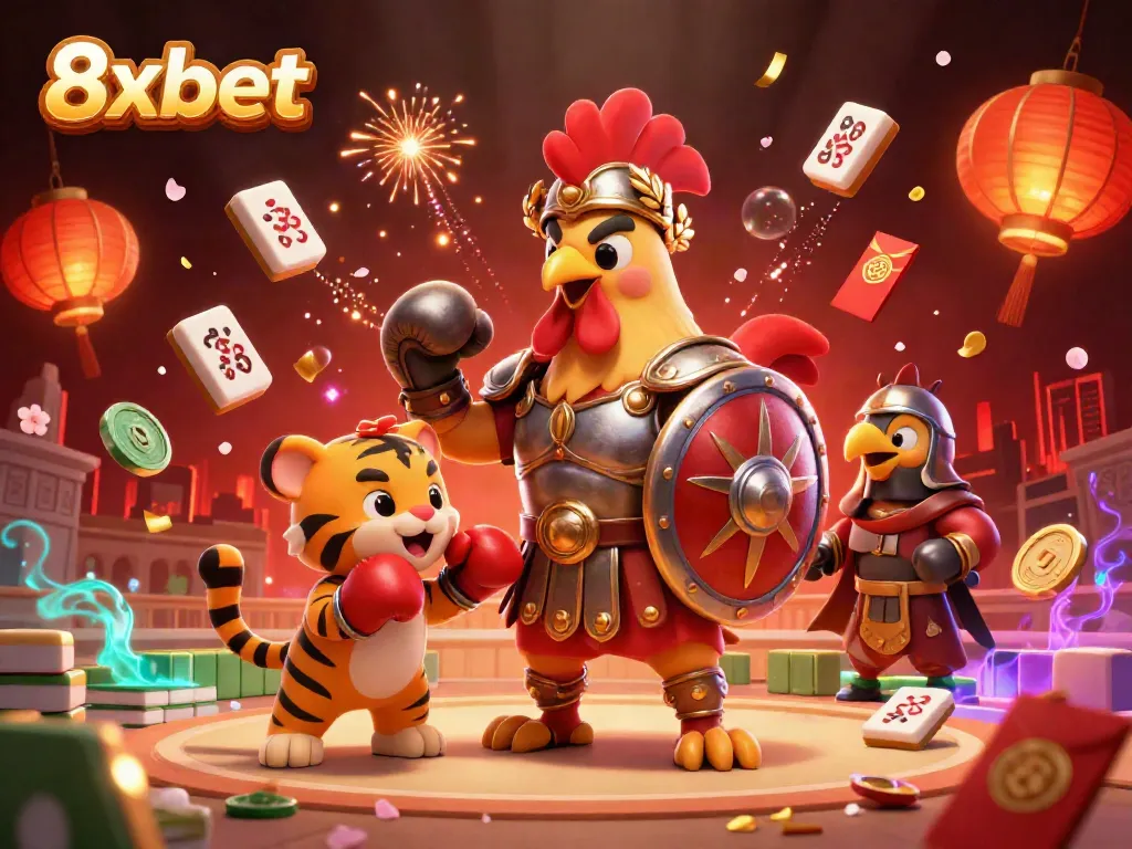 Experience immersive gameplay at 8xbet with a vibrant 3D illustration featuring a rooster gladiator and festive elements.