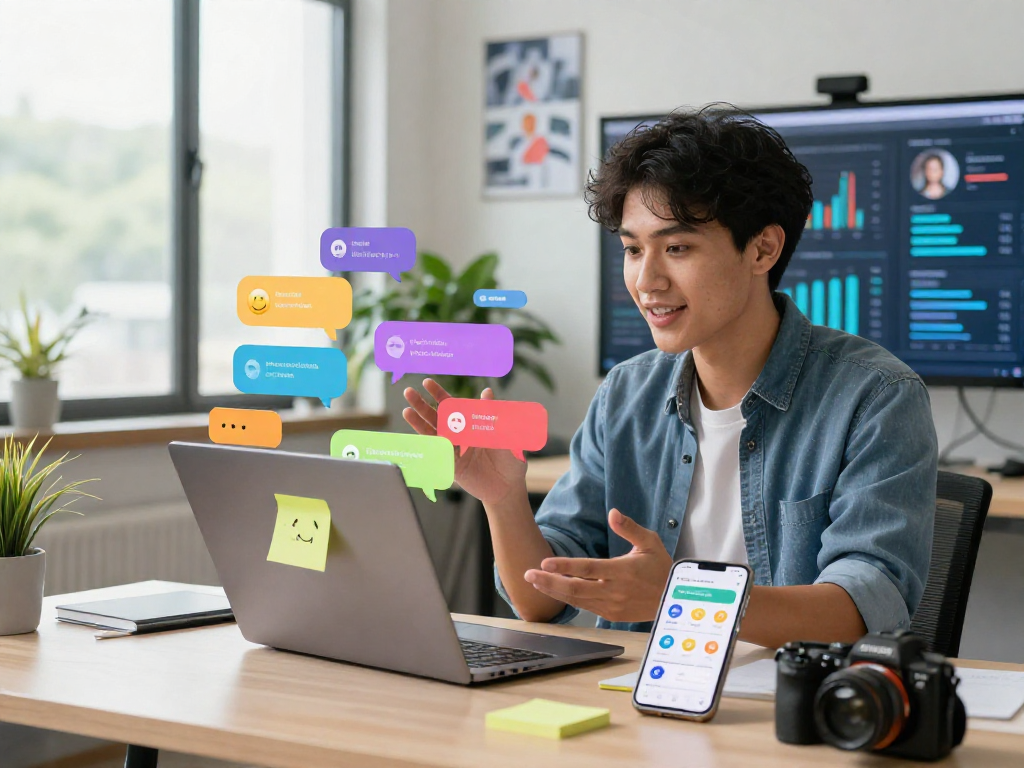 Engaging juicy chat interaction in a modern digital workspace with vibrant visuals and lively emojis.