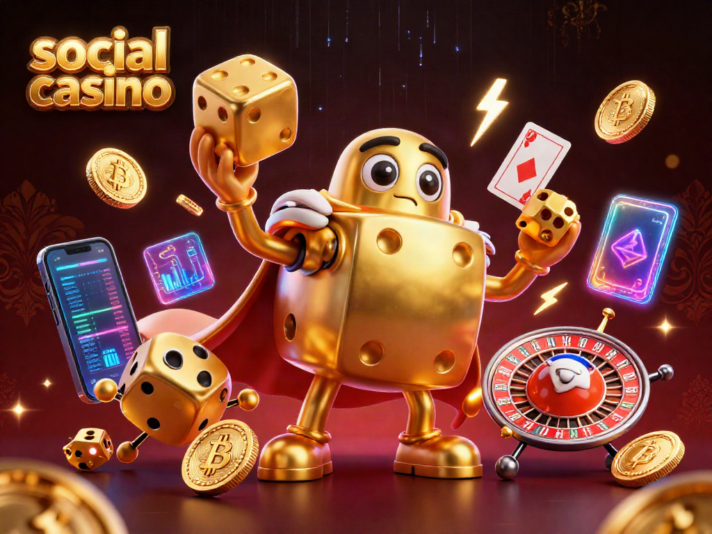 Engage in the vibrant world of a social casino with golden dice juggling and digital coin elements