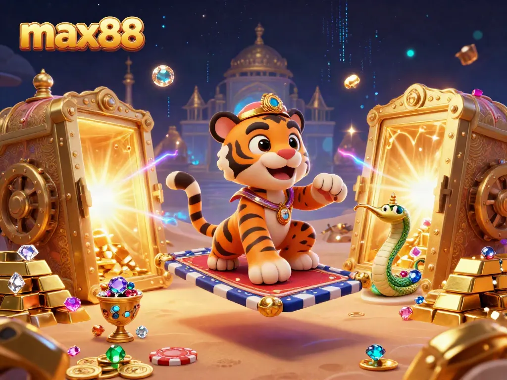 Experience gaming excitement with max88's vibrant casino scene featuring a tiger sultan and treasures.
