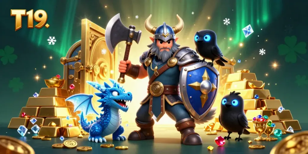 T19 casino highlights a Viking wolf warrior with treasure, gems, and fantasy elements in the gaming realm.