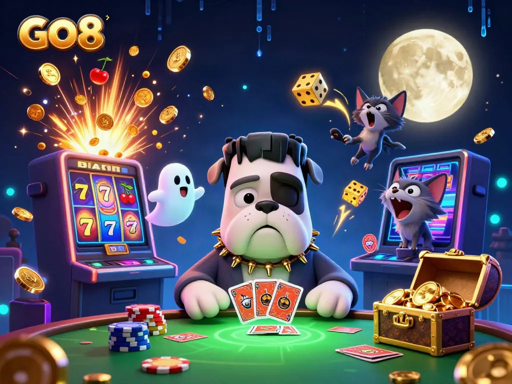 Experience the excitement at GO8's casino with a thrilling 3D illustration showcasing a magical gaming atmosphere.