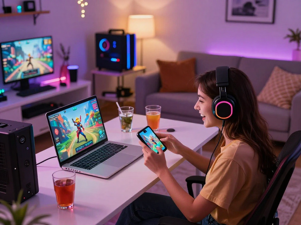Engaging players enjoying online porn games on various devices in a stylish gaming setup.
