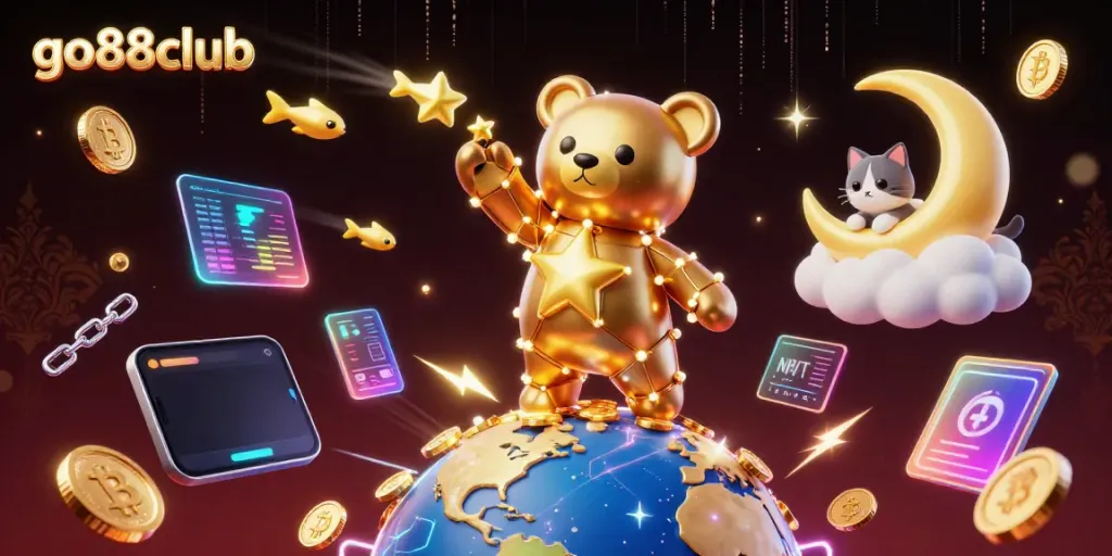 Engage with go88club in this vibrant 3D scene filled with stars, coins and crypto elements.