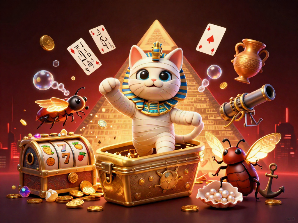 Engaging social casino artwork featuring a mummy cat, scarab beetle, and glowing hieroglyph playing cards.