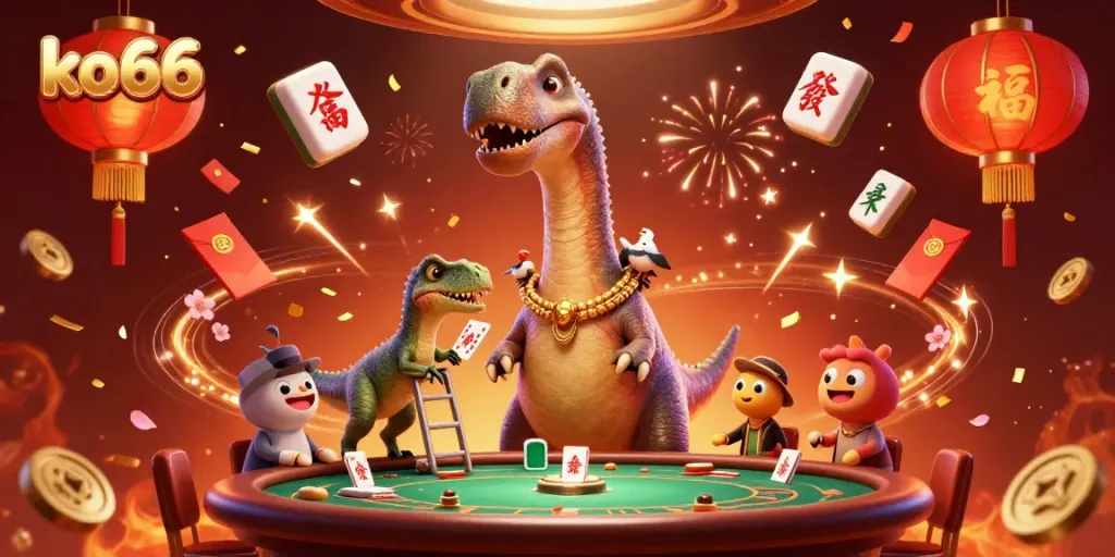 Engage with ko66's vibrant casino scene featuring dinosaurs, poker, and festive elements.