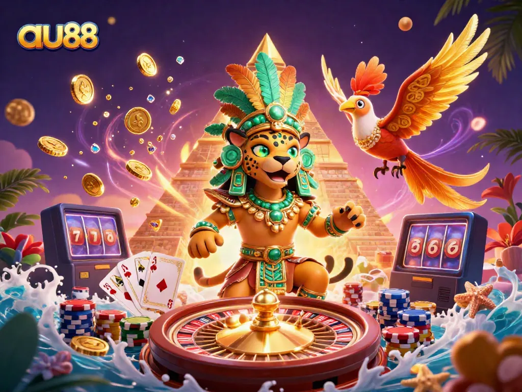 Win big with au88's vibrant casino features, showcasing Mayan motifs and dynamic gameplay elements.