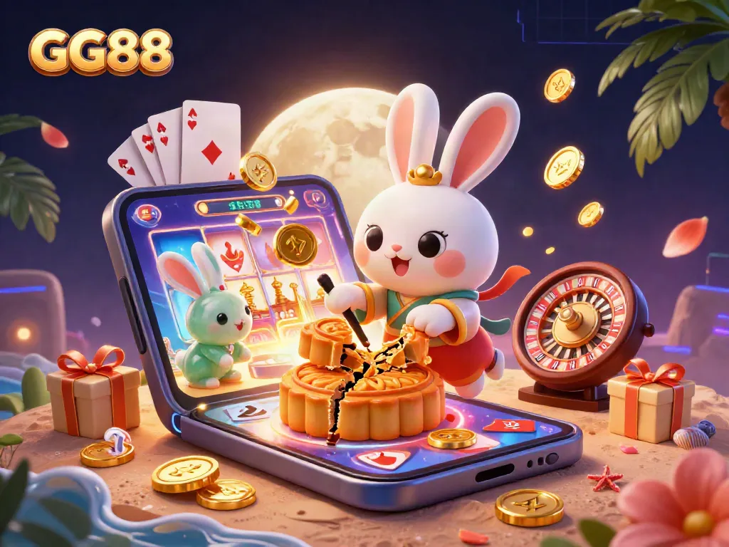 Spin and win at GG88 with a vibrant illustration of a moon rabbit revealing poker chips among dynamic slot game elements.