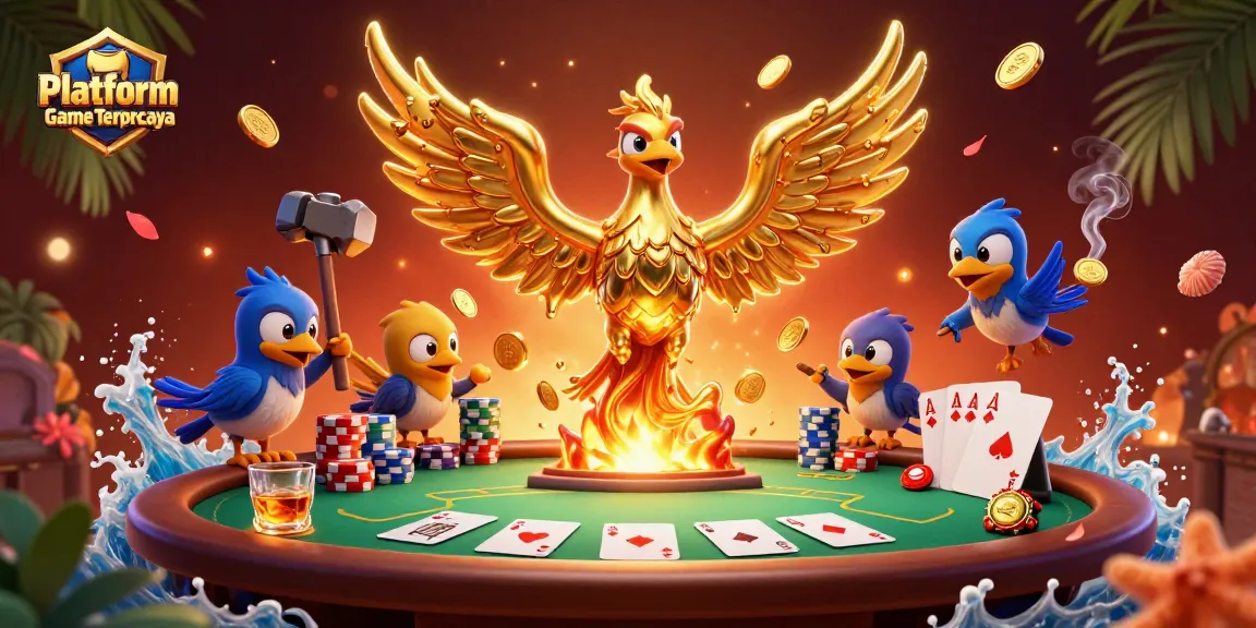 The golden phoenix and sparrow helpers celebrate a winning hand at Platform Game Terpercaya casino