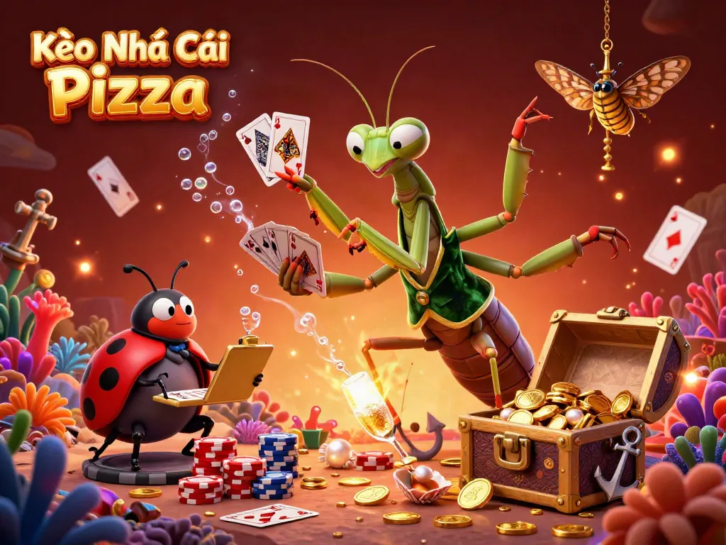 Kèo Nhà Cái Pizza showcases a vibrant gaming scene with a giant praying mantis card sharp and ladybug pit boss amidst gold coins and coral treasures.