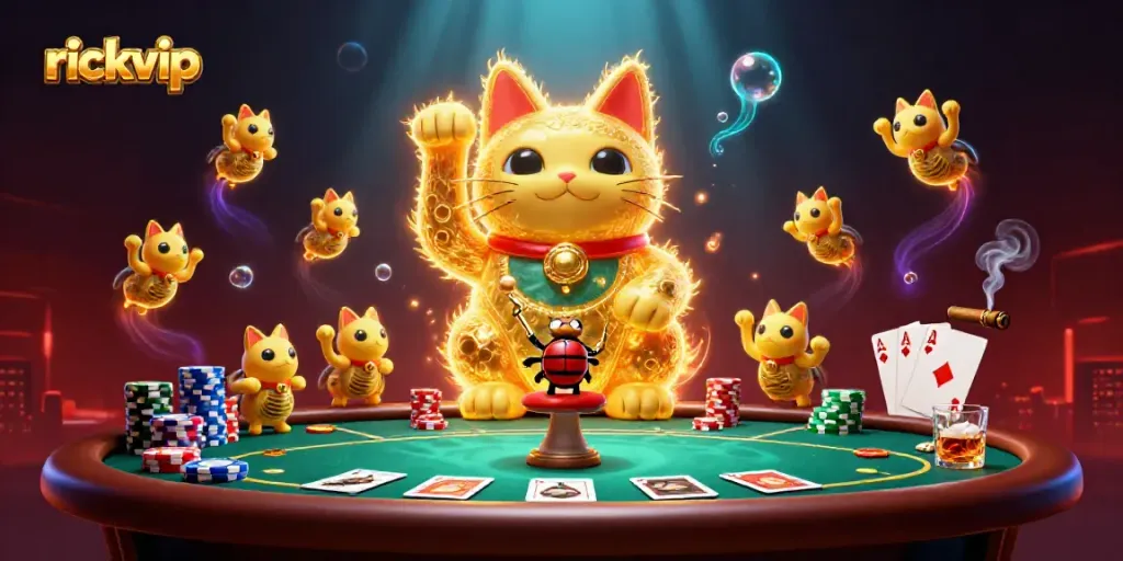 Join the fun at rickvip with a stunning 3D illustration showcasing a lucky cat and dynamic casino elements.