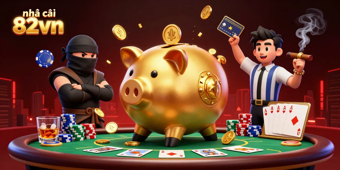Engaging scene showcasing nhà cái 82vn with a golden piggy bank sumo wrestler and casino elements.