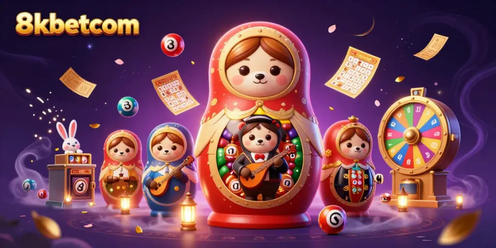 Engage with excitement at 8xbetcom, showcasing a vibrant 3D casino scene with lively characters and lottery games.