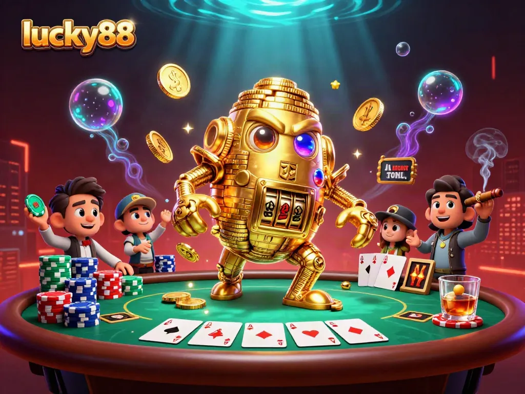 Experience the excitement of lucky88 with vibrant imagery of a golden golem surrounded by poker elements.