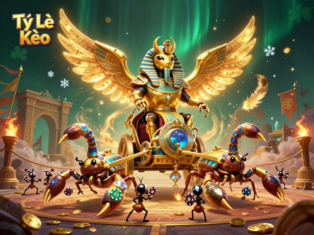 Tỷ Lệ Kèo depicts a golden beetle on a chariot amidst a dramatic gambling arena with poker chips.