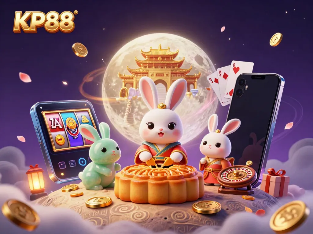 KP88 casino scene with a 3D moon rabbit and animated game elements, highlighting dynamic gambling excitement.