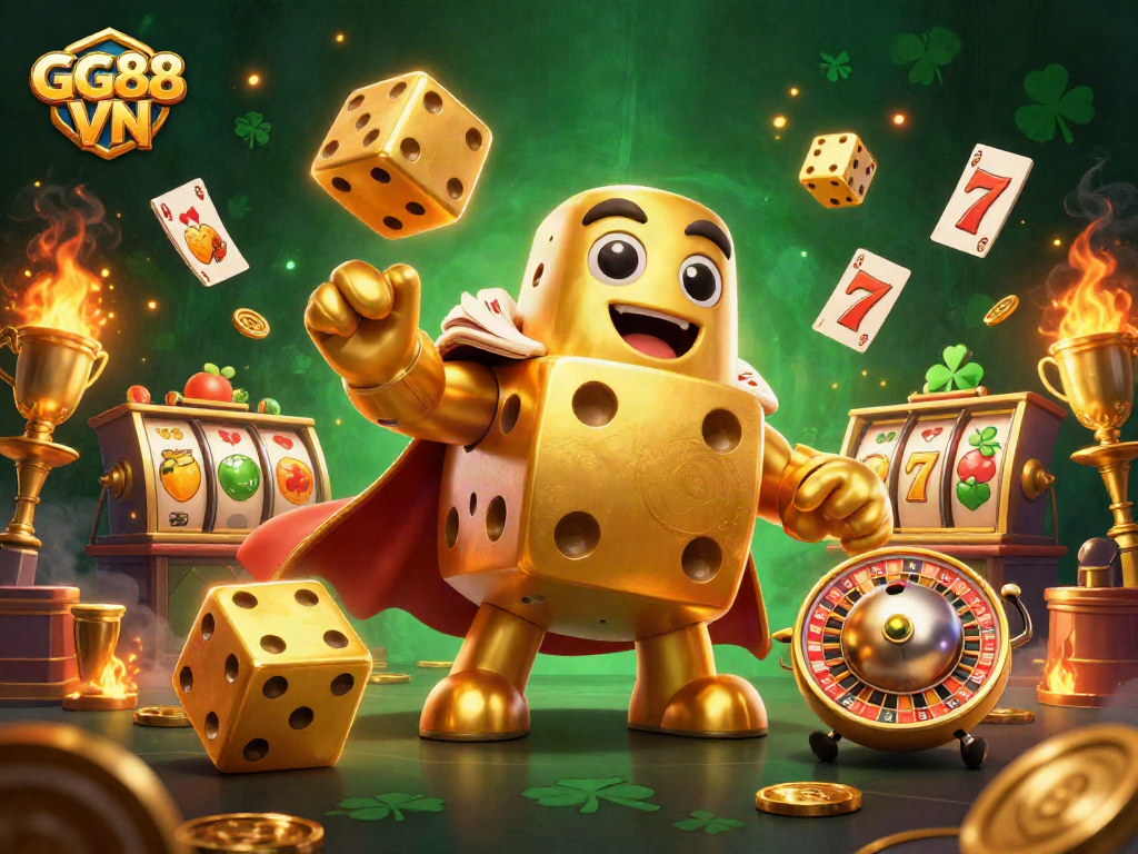 Experience the excitement of GG88 VN with a vibrant scene featuring golden gambling elements and animated characters.