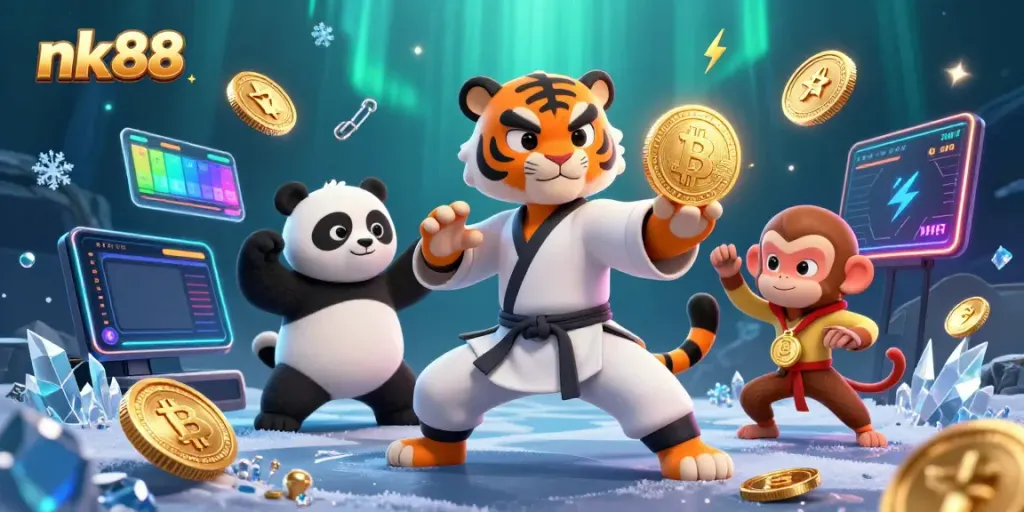 Engage with the thrilling features of nk88, showcasing a kung fu tiger master in a dynamic gambling scene.