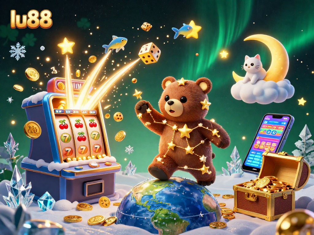 Win big with lu88 at an exciting casino scene featuring energetic characters and dynamic slot machine elements.