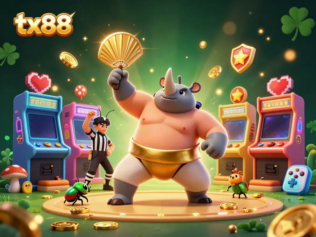 Watch the tx88 rhinoceros beetle sumo champion stomp out golden coins in this vibrant casino scene.