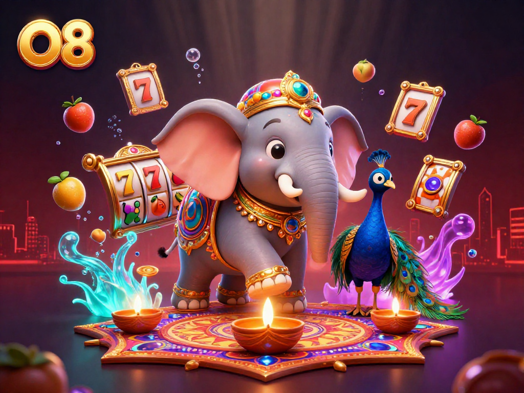 O8 slots and jackpots blend with a vibrant Diwali-themed scene, captivating players with color and excitement.
