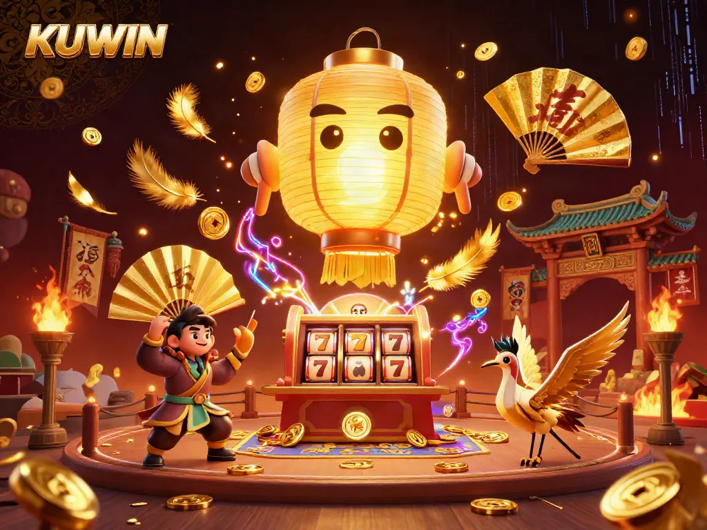 Kuwin attracts players with vibrant slot games and golden symbols, highlighted in a captivating casino illustration.