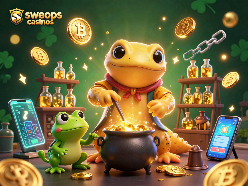 Experience thrilling gameplay at sweeps casinos with a vibrant 3D illustration showcasing alchemists and crypto elements.